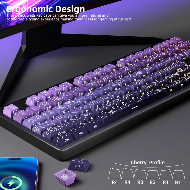 FunHub Shine Through PBT Keycaps - Purple Gradient Topographic Backlit Keycaps Set 133 Keys 60 65 75 100 Percent Cherry Profile,Side Printed Double Shot RGB Key Caps for MX Switches Gaming Keyboard - Image 4
